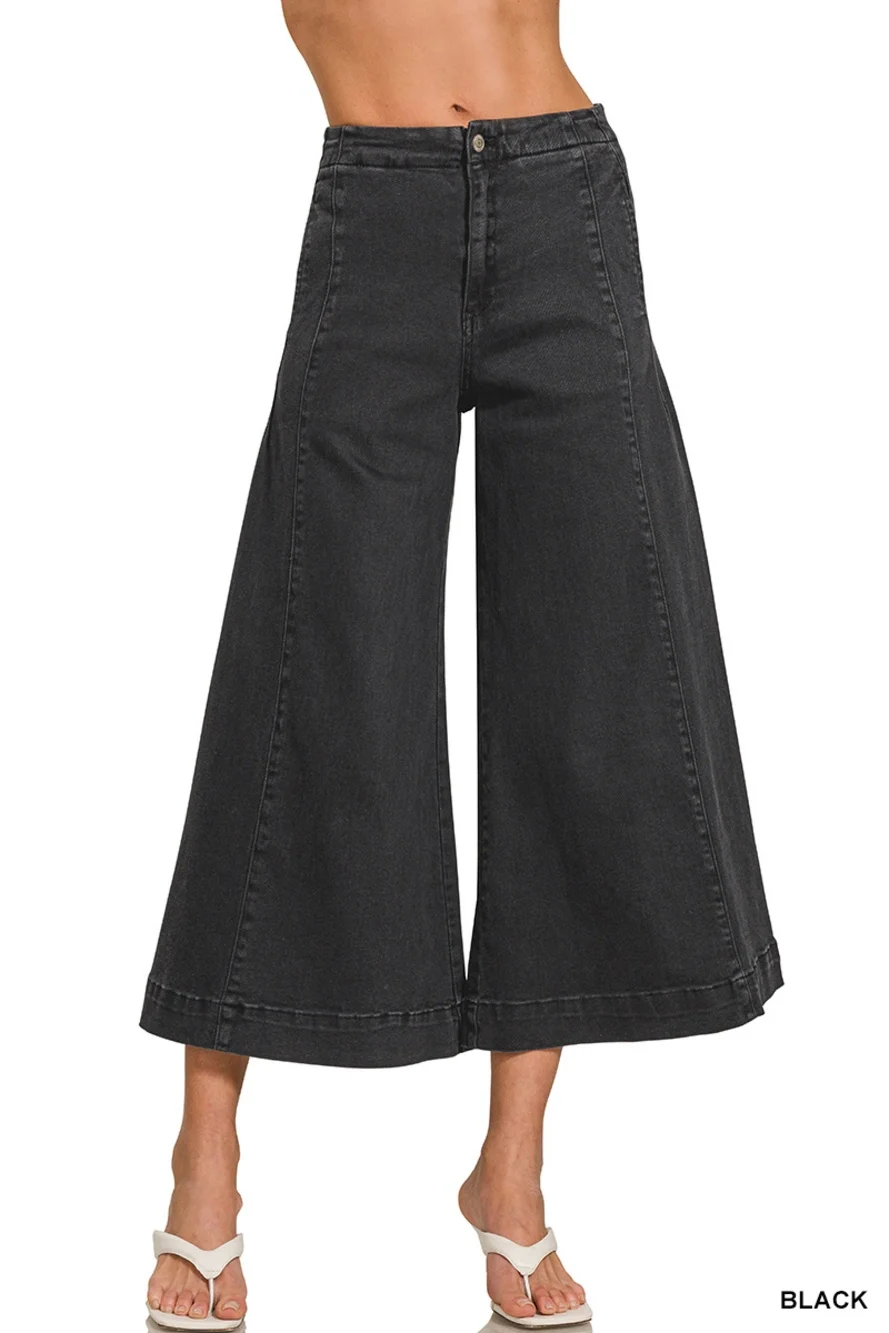 Z18 BLACK Zenana High Rise Cropped Gaucho Denim Various Sizes